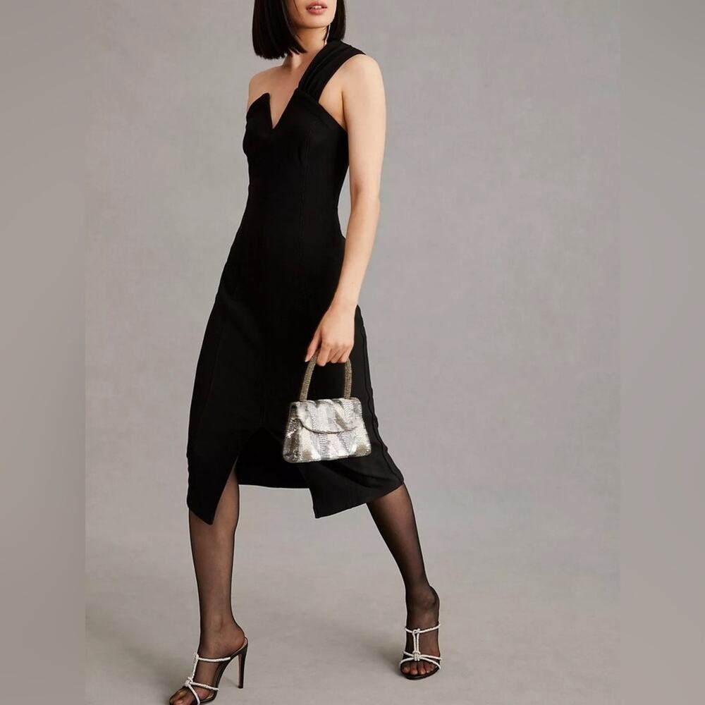 Anthropologie Maeve Women’s Slim One Shoulder Black Stretch Knit Midi Dress 10